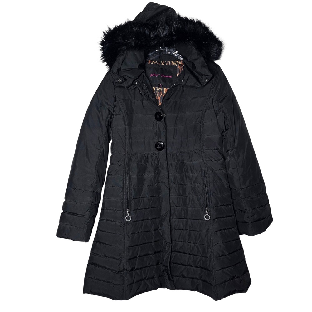 Betsey Johnson Black Puffer Coat Faux Fur Hood Leopard Lining Down Fill Size M